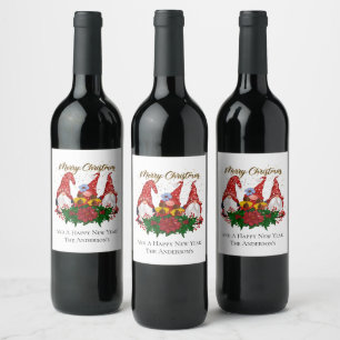 Etiqueta Para Botella De Vino Gnomos de Navidad Poinsettia Bosque Caprichoso 