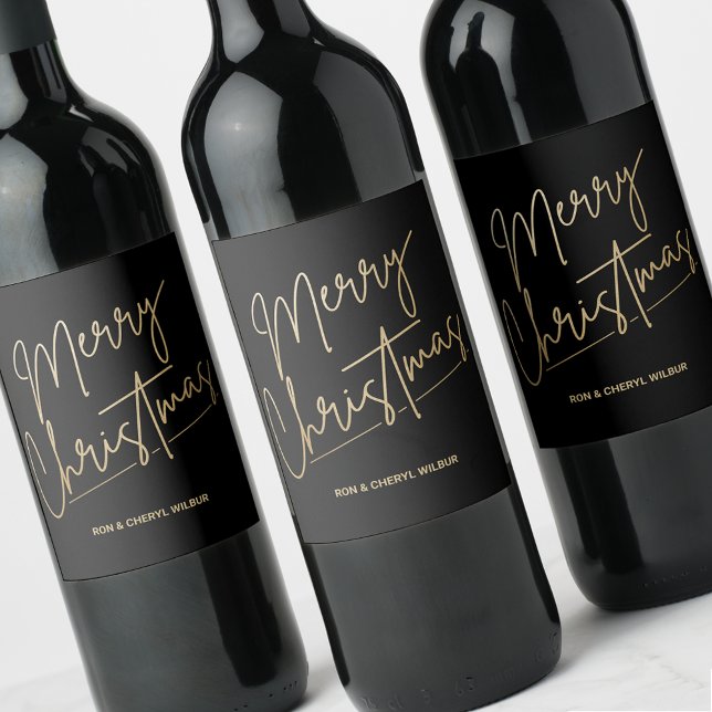 Etiqueta Para Botella De Vino Gold Merry Christmas Black (Gold Merry Christmas on Black Wine Bottle Labels)