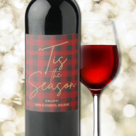 Etiqueta Para Botella De Vino Gold Tis the Season Red Buffalo Plaid