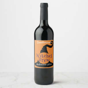 Etiqueta Para Botella De Vino Gorra de bruja negra editable en Naranja Halloween