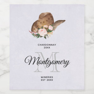 Etiqueta Para Botella De Vino Gorra marrón de vaca con flores rosadas de vino