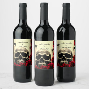 Etiqueta Para Botella De Vino Gótico Cráneo Espeluznante Rosas Negras Rojas Hall