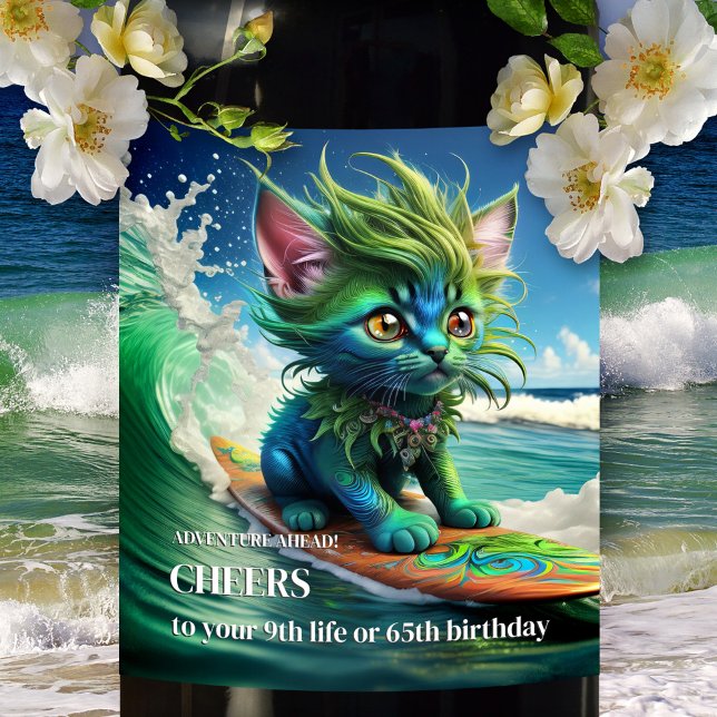 Etiqueta Para Botella De Vino Gracioso Gato Psicodélico Surf (A wine label featuring a colorful psychedelic cat painting.)