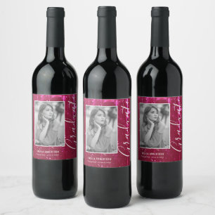 Etiqueta Para Botella De Vino Graduación de fotos del Purpurina espacial Magenta