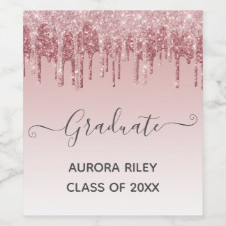 Etiqueta Para Botella De Vino Graduación del Purpurina Glam Rubor Pink Gold Drip