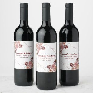 Etiqueta Para Botella De Vino Graduación Floral Geométrica Marsala Rosa Sobre Bl