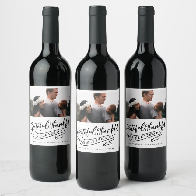 Etiqueta Para Botella De Vino Grateful Thankful Blessed Photo Christmas (Botellas)