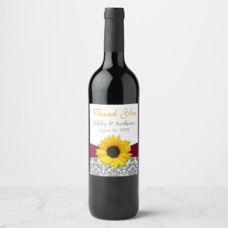 Etiqueta Para Botella De Vino Gray Damask Yellow Sunflower Boda Gracias Ganar