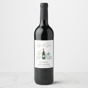 Etiqueta Para Botella De Vino Green Champagne Sip & See Baby Shower