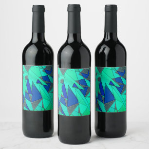 Etiqueta Para Botella De Vino Green triangular cutouts on blue background, rough