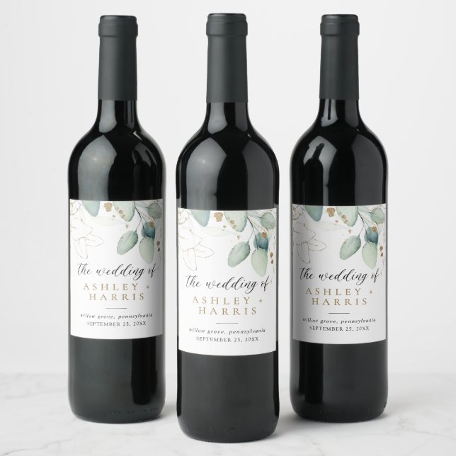 Etiqueta Para Botella De Vino Greenery Gold Eucalyptus Rustic Boda (Botellas)
