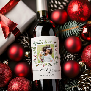 Etiqueta Para Botella De Vino Greenery Red Berries Holiday Photo