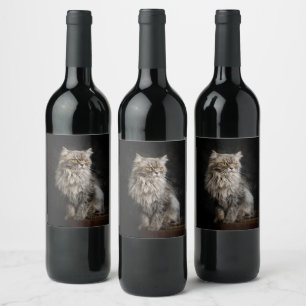 Etiqueta Para Botella De Vino Gris Fluffy Cat