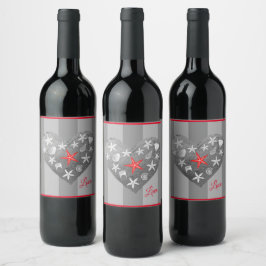 Etiqueta Para Botella De Vino Gris Stripe Tema Costero Seashell Starfish Corazón