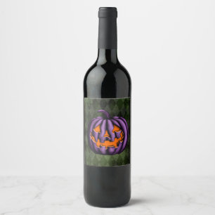 Etiqueta Para Botella De Vino Grunge verde de calabaza morada de Halloween
