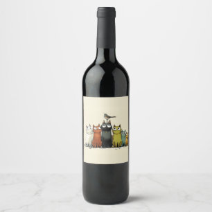 Etiqueta Para Botella De Vino Grupo de Gatos Coloridos – Arte de Gato Caprichosa
