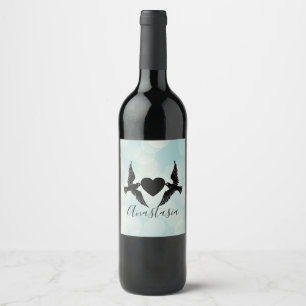 Etiqueta Para Botella De Vino Guay, asombrosa, Blue Birds con corazón blanco