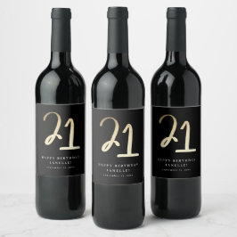 Etiqueta Para Botella De Vino Guión moderno de cumpleaños 21 Black & Gold