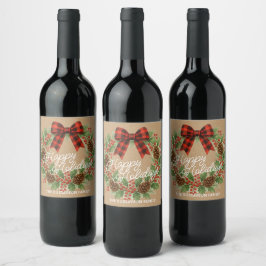 Etiqueta Para Botella De Vino Guirnalda Rústica de Acebo con Lazo de Cuadros Roj