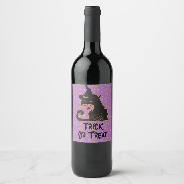 Etiqueta Para Botella De Vino Halloween Black Cat Fiesta Confetti (Anverso)