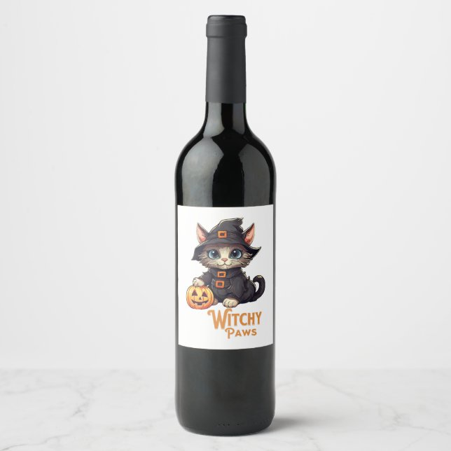 Etiqueta Para Botella De Vino Halloween Cat WitchPaws (Anverso)