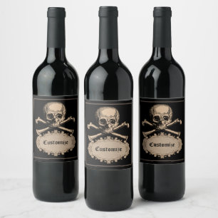 Etiqueta Para Botella De Vino Halloween con cráneo vintage y cruces