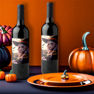 Etiqueta Para Botella De Vino Halloween con vino y brujería perfectamente destil
