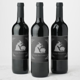 Etiqueta Para Botella De Vino Halloween de Brujas y Calderones Plateados