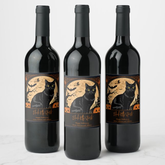 Etiqueta Para Botella De Vino Halloween del gato negro Kitty (Botellas)