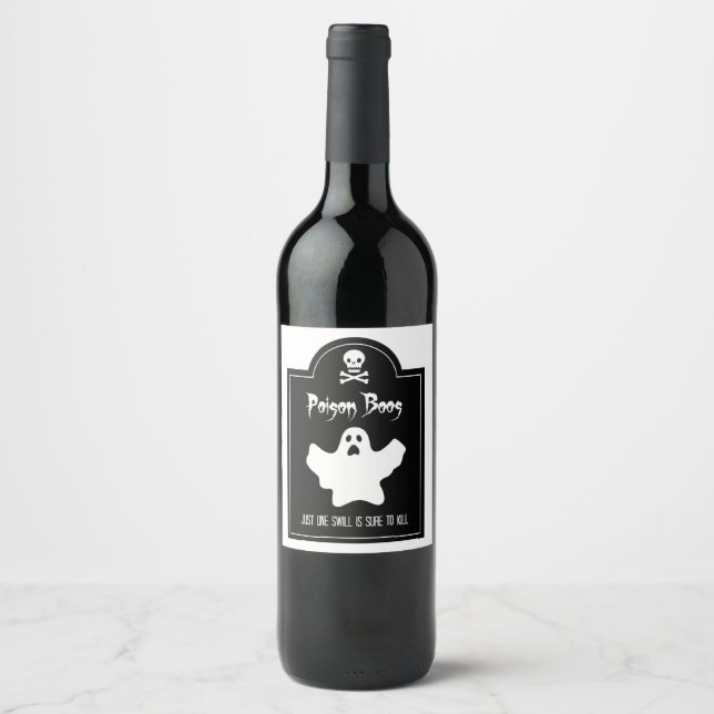 Etiqueta Para Botella De Vino Halloween Fantasma Negro y Blanco (Anverso)