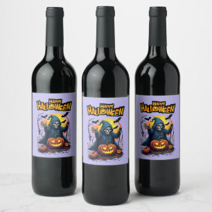 Etiqueta Para Botella De Vino Halloween: Fantasmas y familia de calabazas