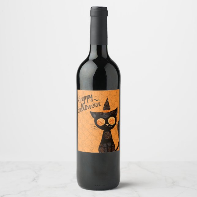 Etiqueta Para Botella De Vino Halloween/gato/calabaza/otoño (Anverso)