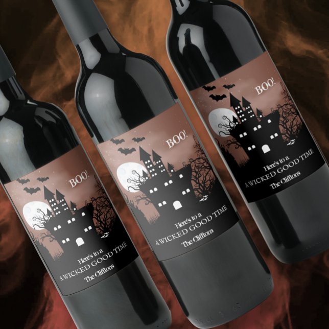 Etiqueta Para Botella De Vino Halloween Haunted House (Set of 6 personalized Halloween wine bottle labels.)
