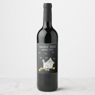 Etiqueta Para Botella De Vino Halloween House, gatos negros, murciélagos, calaba