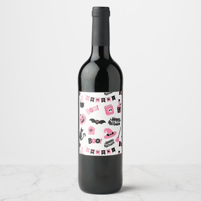 Etiqueta Para Botella De Vino Halloween rosa y negro (Anverso)