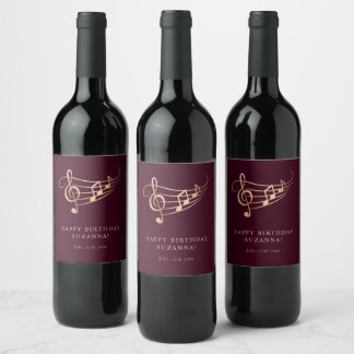 Etiqueta Para Botella De Vino Happy Birthday Gold Music Notes Elegant