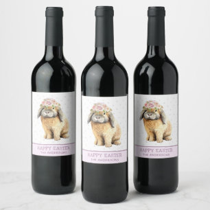 Etiqueta Para Botella De Vino Happy Easter Floral Bunny Rabbit Nombre personaliz