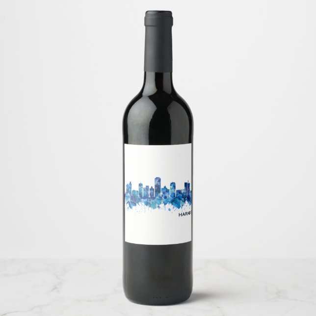 Etiqueta Para Botella De Vino Harare Zimbabue Skyline Blue (Anverso)