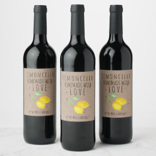 Etiqueta Para Botella De Vino Hecho a mano con amor Limoncello Acuarela Limones