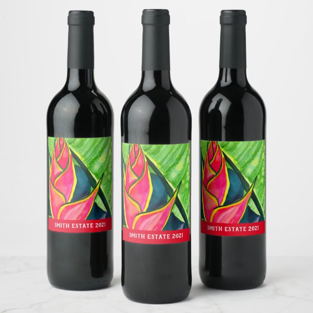 Etiqueta Para Botella De Vino Helicóponia acuática flor tropical (Botellas)