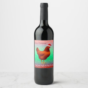 Etiqueta Para Botella De Vino Hen rojo en Santa Hat Feliz Navidad