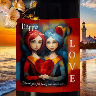 Etiqueta Para Botella De Vino Hermanas del alma de arte colorido Feliz Día de Sa