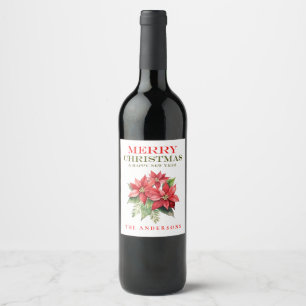 Etiqueta Para Botella De Vino Hermosa Flor de Nochebuena Roja Nombre Feliz Navid