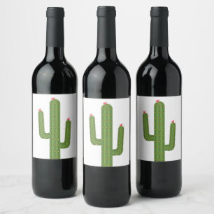 Etiqueta Para Botella De Vino Hermosa Flor Rosa Bodas del Suroeste Cactus Verde