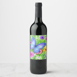 Etiqueta Para Botella De Vino Hermosa mariposa azul con flores acuarela