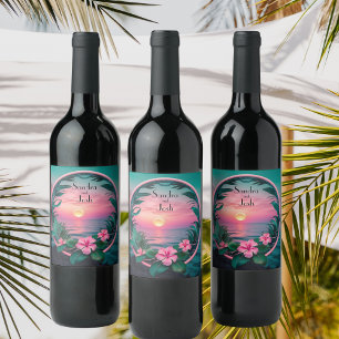 Etiqueta Para Botella De Vino Hermosa Wreath Boda Tropical Flower Sunset