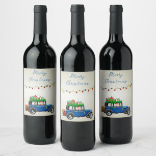 Etiqueta Para Botella De Vino Hermoso auto azul Christine con Santa y Regalos