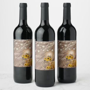 Etiqueta Para Botella De Vino Hermoso Barril de Madera Rústica y Girasoles