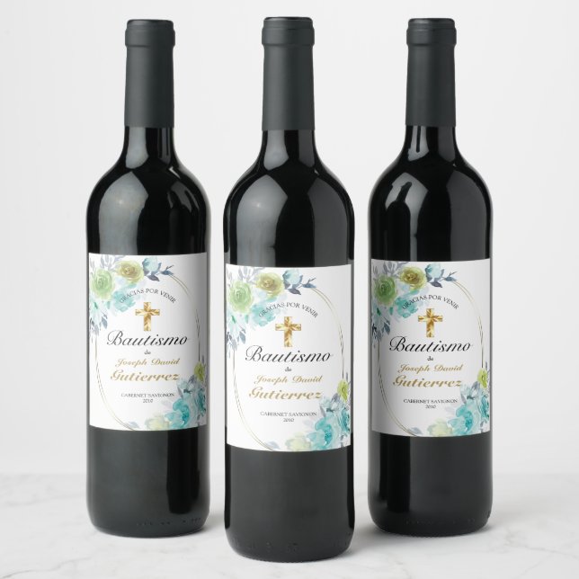 ETIQUETA PARA BOTELLA DE VINO HERMOSO BAUTIZO BEBÉ CRUZADO DE ORO FLORAL AZUL (Botellas)