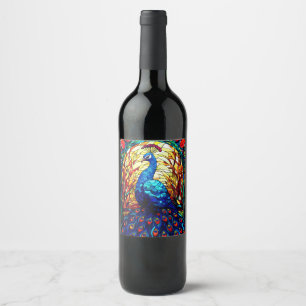 Etiqueta Para Botella De Vino Hermoso Peacock Vidrio Manchado